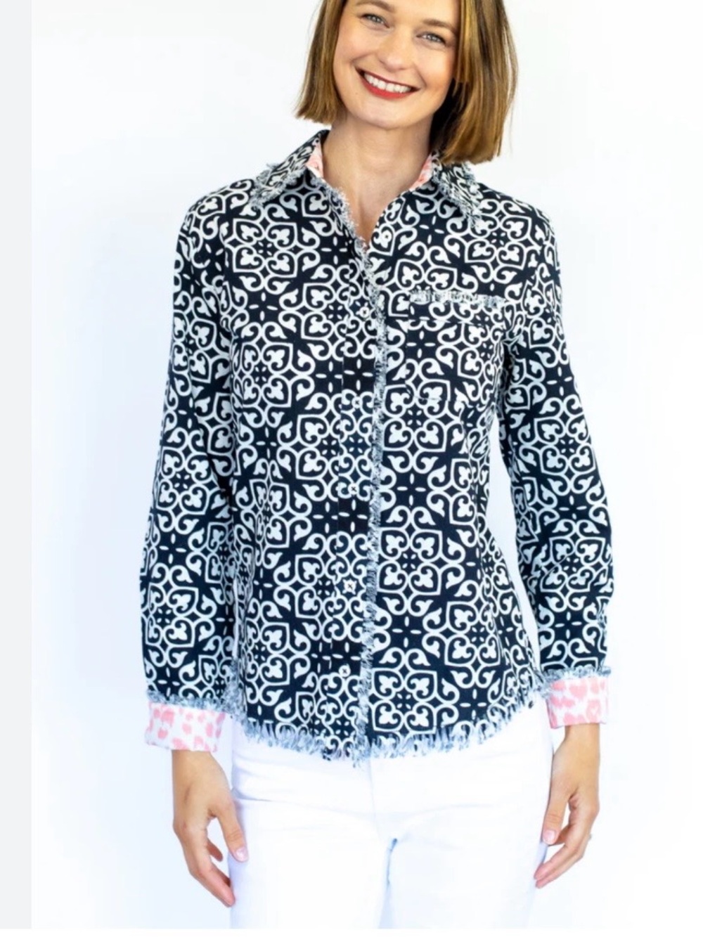 TIZZIE Black & White Printed Button-Down Shirt with Fringe Trim